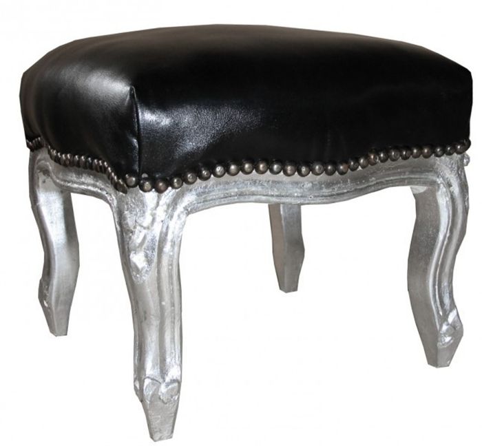 Casa Padrino Barock Fußhocker Schwarz Lederoptik / Silber