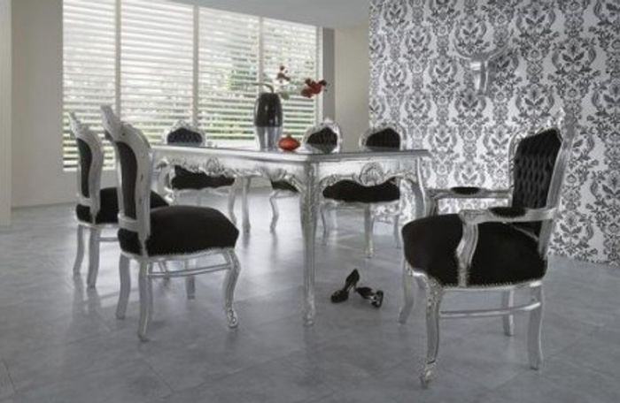 Casa Padrino Barock Esszimmer Set im Antik Stil Schwarz/Silber, Esstisch 200 cm + 6 Stühle
