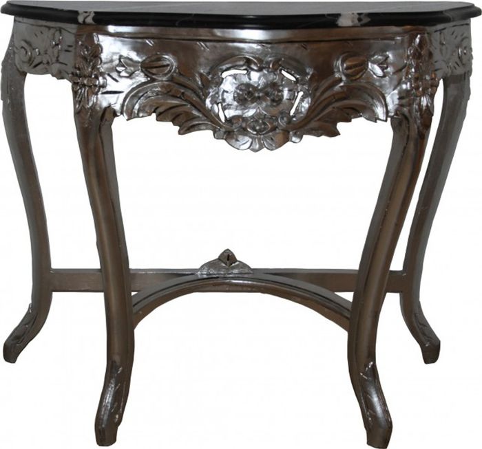 Casa Padrino Barock Konsolentisch mit Marmorplatte in Silber und Schwarz - 95 x 37 x 84 cm