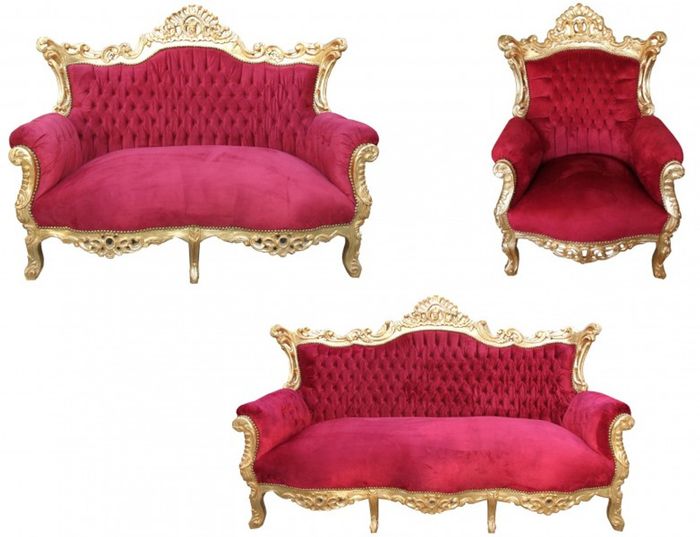 Casa Padrino Barock Wohnzimmer Set Master Bordeaux Rot / Gold - 3er Sofa, 2er Sofa & Sessel - Luxus Möbel