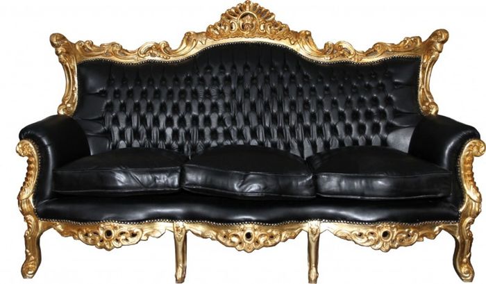 Casa Padrino Barock 3er Sofa Master Schwarz / Gold in Lederoptik, Breite 210 cm, Luxus Wohnzimmer Couch