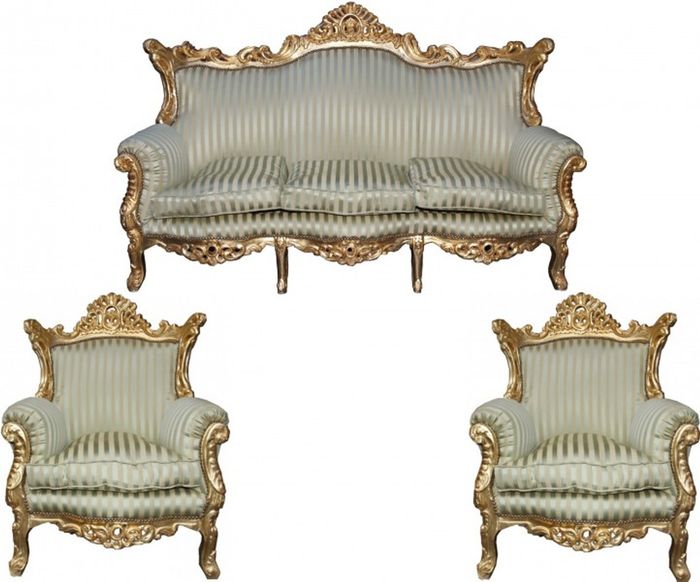Casa Padrino Barock Wohnzimmer Set Master Jadegrün / Beige / Gold - 3-er Sofa und 2 Sessel - Exklusive Luxusmöbel
