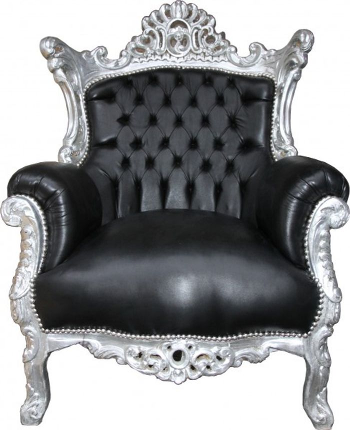 Casa Padrino Barock Sessel Al Capone im Antik Stil, Schwarz Lederoptik und Silber, H 128 cm