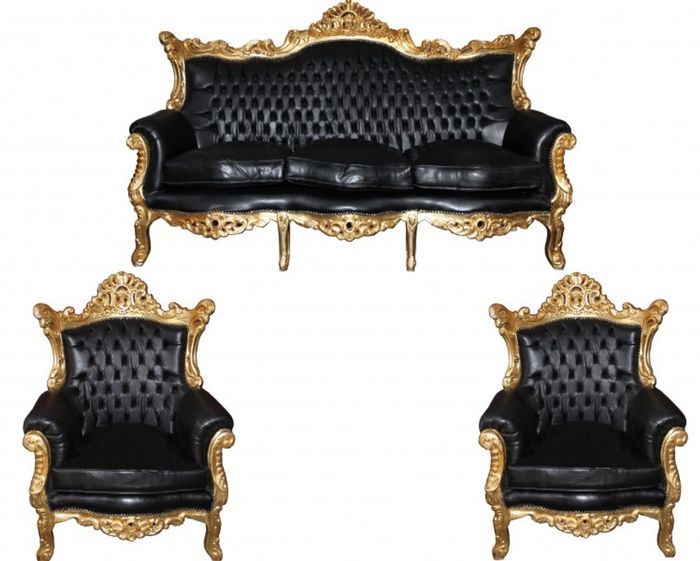 Casa Padrino Barock Wohnzimmer Set Master Schwarz / Gold Lederoptik Mod2 - 3-er Sofa + 2 Sessel
