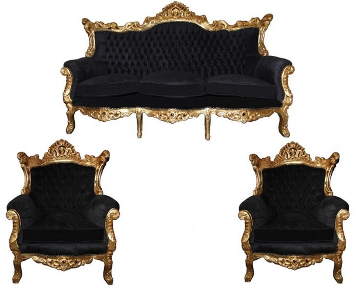 Casa Padrino Barock Wohnzimmer Set Master im Antik Stil, Schwarz und Gold, 3-er Sofa und 2 Sessel