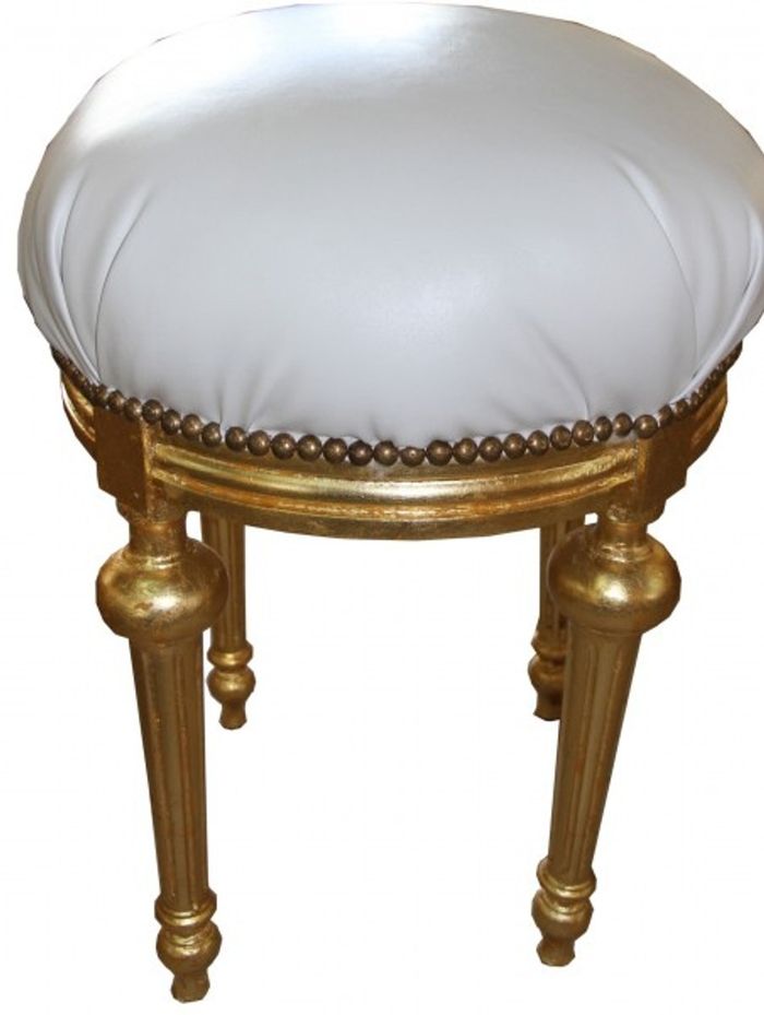 Casa Padrino Barock Sitzhocker - Rundhocker Weiß Lederoptik / Gold - Barock Hocker Möbel
