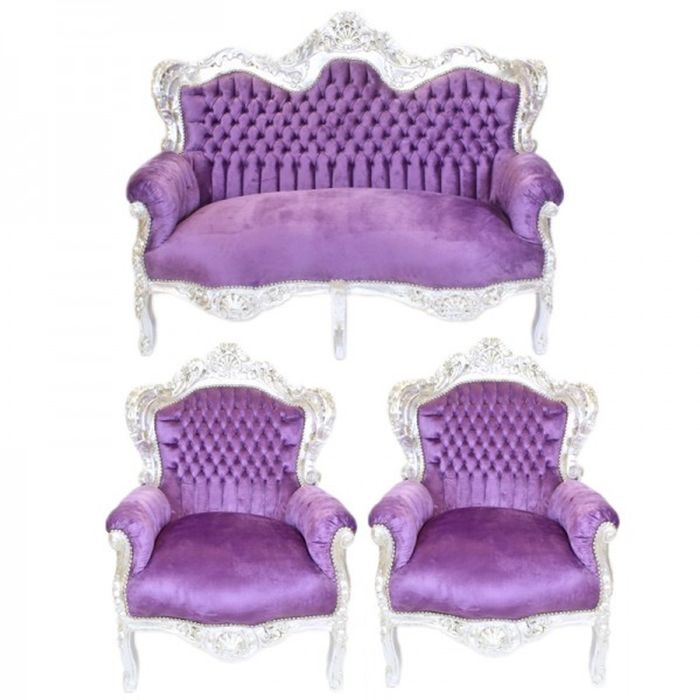 Casa Padrino Barock Wohnzimmer Set King Lila / Silber - 2er Sofa und 2 Sessel - Handgefertigtes Luxus Ensemble