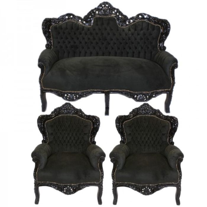 Casa Padrino Barock Wohnzimmer Set King Schwarz / Schwarz - 2er Sofa + 160 cm & 2 Sessel + 85 cm
