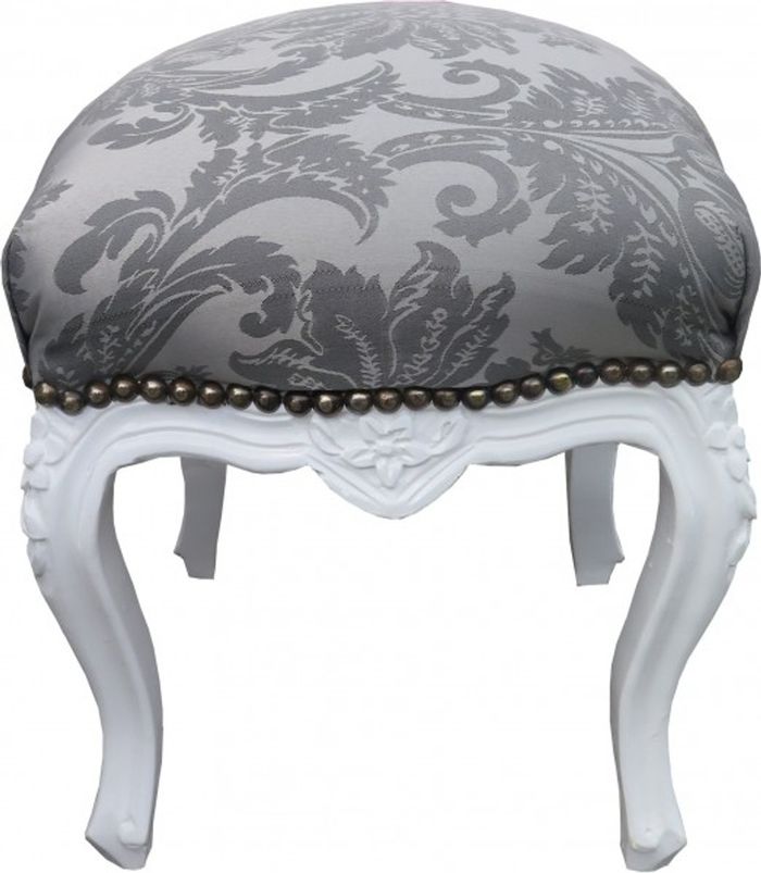 Casa Padrino Barock Sitzhocker Grau Muster / Weiß Höhe 40 cm, Breite 35 cm - Barock Möbel