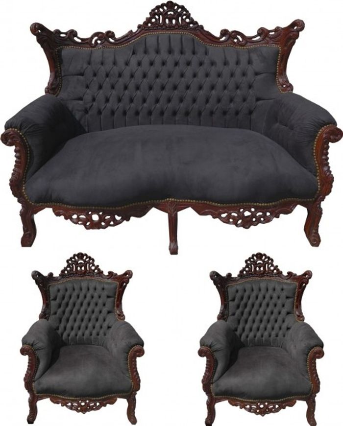 Casa Padrino Barock Wohnzimmer Set Master im Antik Stil - Schwarz / Braun - 2er Sofa & 2 Sessel