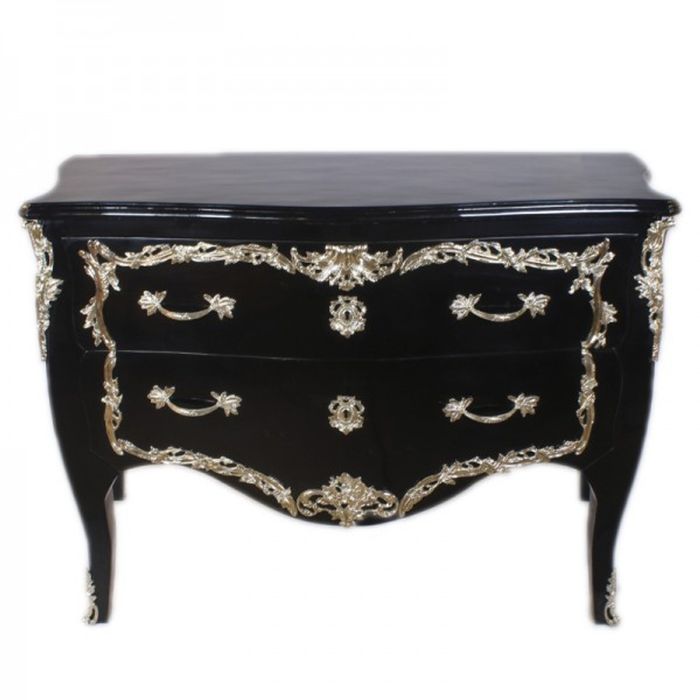 Casa Padrino Barock Kommode im Antik Stil in Schwarz Hochglanz und Silber, 130 x 65 x 90 cm - Handgefertigte Luxus Kommode aus Massivholz