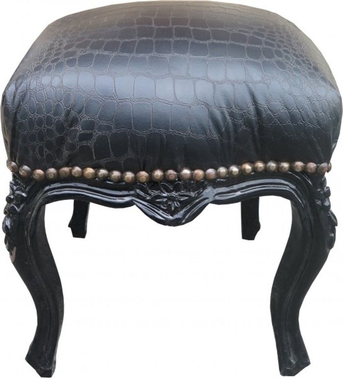 Casa Padrino Barock Sitzhocker Schwarz/Schwarz Croco Lederoptik Höhe 40 cm, Breite 35 cm - Barock Möbel