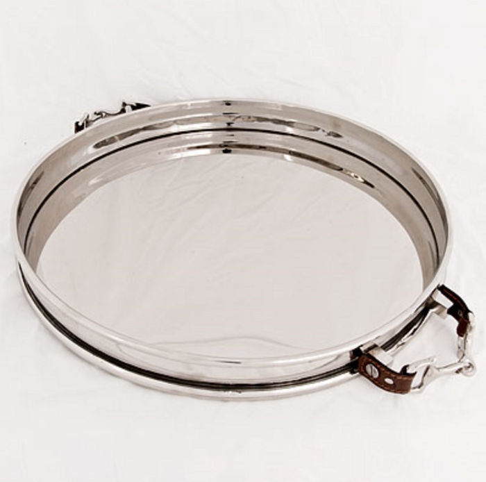 Casa Padrino Luxus Tablett Rundes Serviertablett aus Messing in Nickel Farbe Durchmesser 40 x H 6,5 cm