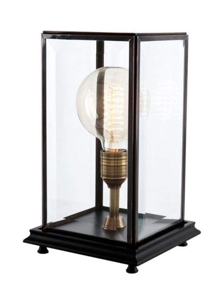 Casa Padrino Luxus Tischleuchte Schwarz - Edle Designer Lampe aus MDF, Glas und Messing - 22,5 x 22,5 x H. 37 cm