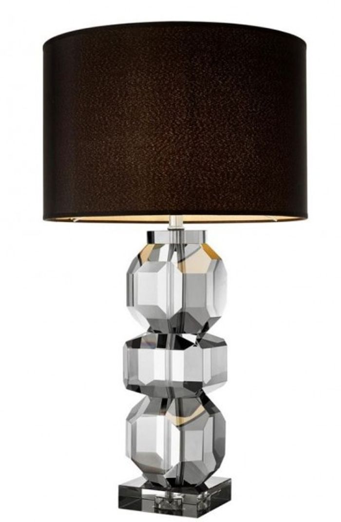 Casa Padrino Luxus Kristallglas Tischleuchte, edle Tischlampe in Grau mit schwarzem Lampenschirm, 14 cm x H 76 cm