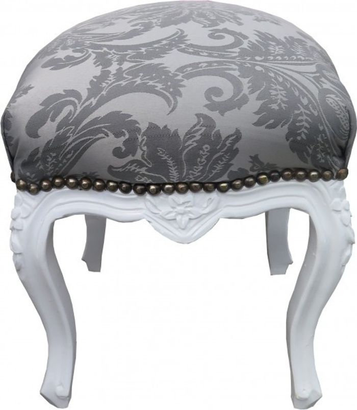 Casa Padrino Barock Sitzhocker Grau Muster / Weiß Höhe 40 cm, Breite 35 cm - Barock Möbel