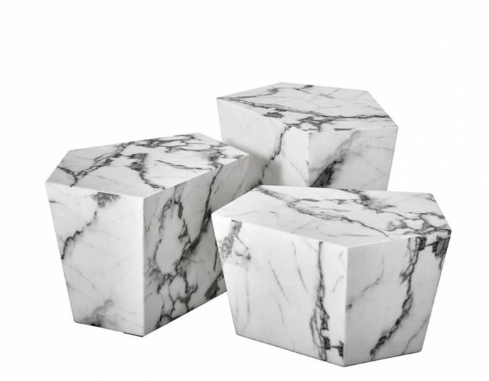 Casa Padrino Art Deco Couchtisch 3er Set in weißem Kunstmarmor - Luxuriöser Wohnzimmertisch 52 x 37,5 x H. 40/35/30 cm