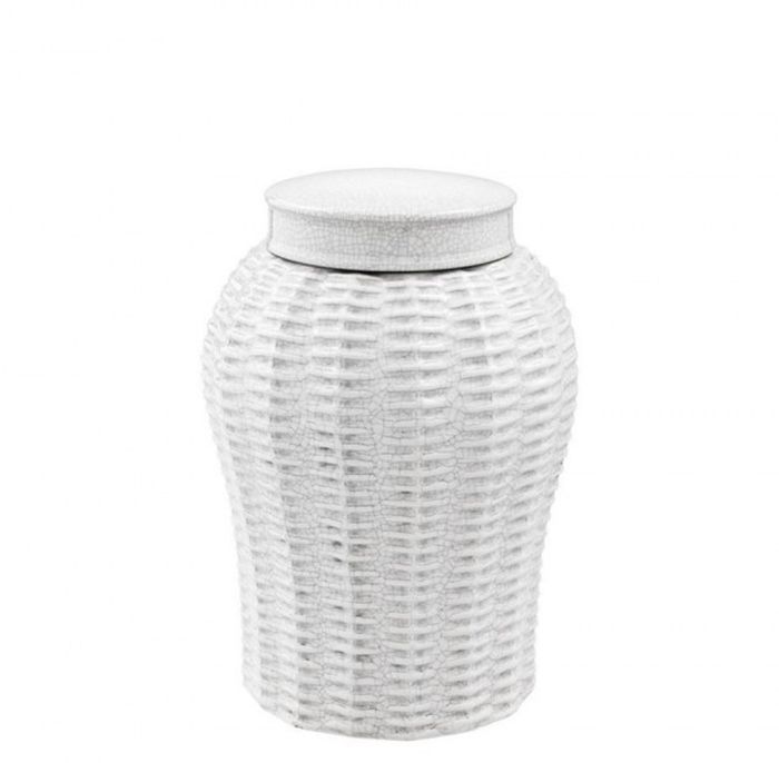 Casa Padrino Designer Keramik Vase mit Deckel in geknistertem Weiß, Durchmesser 18 x H. 26 cm