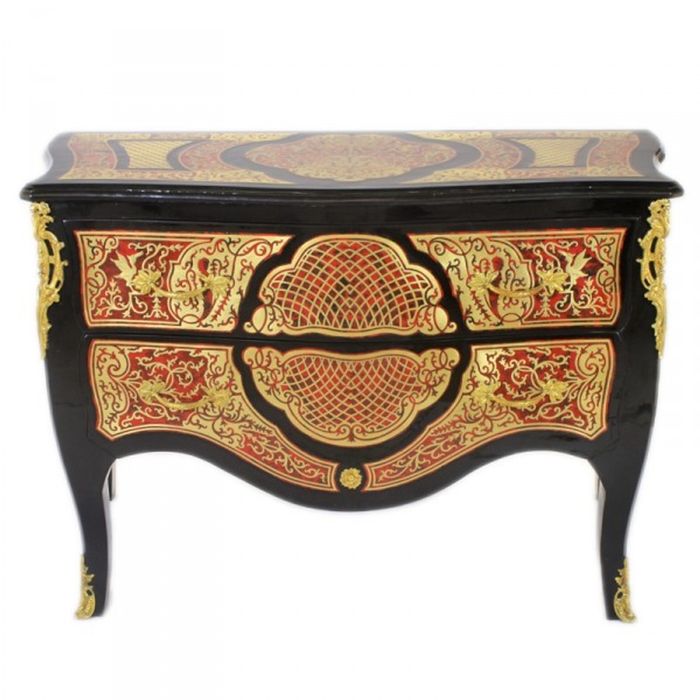 Casa Padrino Barock Boulle Kommode Schwarz / Gold / Rot 130cm - Luxus Sideboard aus Massivholz