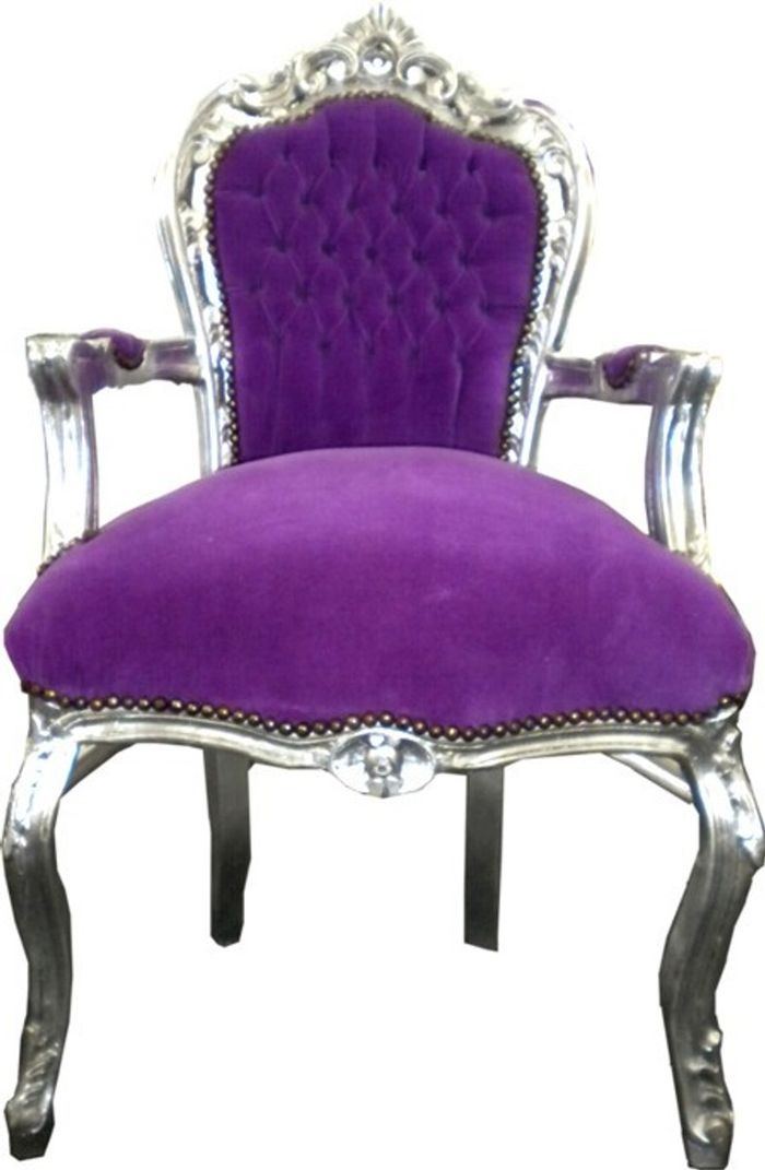 Casa Padrino Barock Esszimmer Stuhl Lila / Silber mit Armlehnen - Möbel Barock