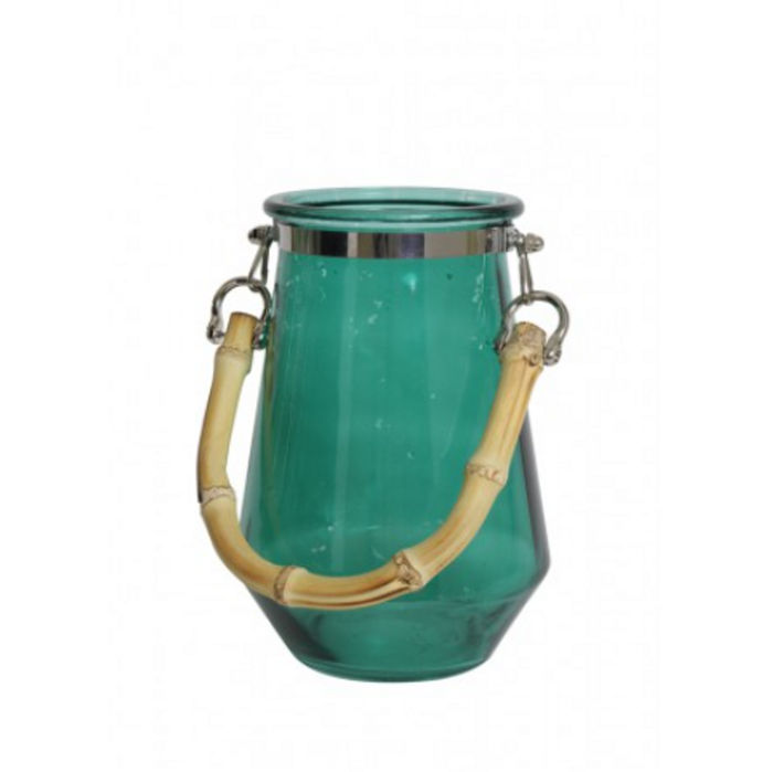 Casa Padrino Deko Windlicht mit Bambusgriff, Luxus Glas Windlicht in Dunkelgrün, Durchmesser 14 cm, Höhe 20 cm