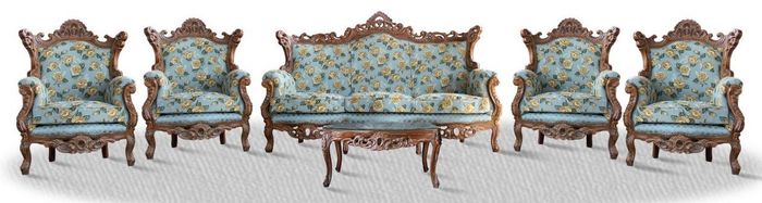 Casa Padrino Barock Sofa Set 3er Sofa 4 Sessel und Tisch mit Glasplatte - Antik Sofa Set in Braun / Hellblau