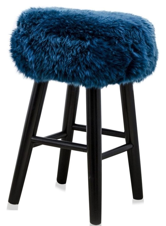 Casa Padrino Luxus Sitzhocker Blau / Schwarz Ø 40 x H. 57 cm - Hocker mit echtem Schafsfell