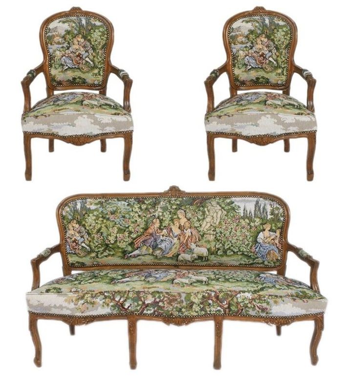 Casa Padrino Barock Sitzbank Set Gobelin / Braun - 1 Sofa + 2 Sessel