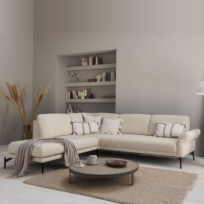 Himolla 1580 Nova Ecksofa links mit Seitenteilverstellung in beige aus der Stoffgruppe 20 auf Metallfüßen anthrazit