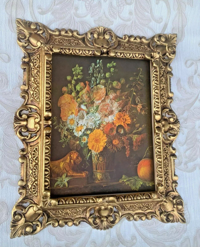 Gerahmte Gemälde Gold  45x38 Stillleben Blumen in Vase Tigerfigur Bild Rahmen