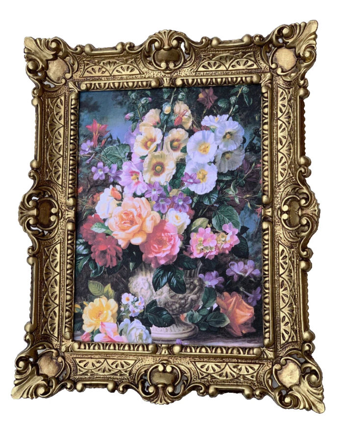 Gerahmte Gemälde Stillleben Bunte Rosen Blumen in Vase Barock Rahmen Prunk 56x46