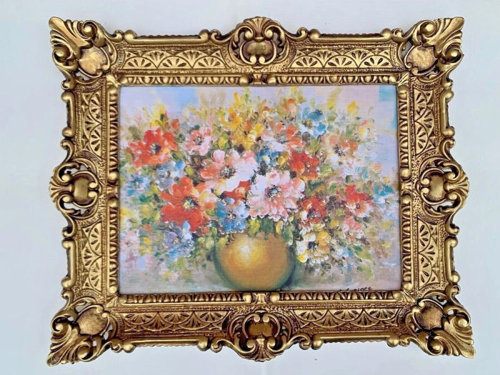 Gerahmte Gemälde Blumen in Goldenen Vase Bild 56x46 Stillleben Blumenbild