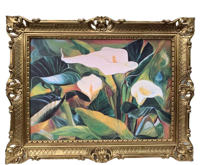 Gerahmte Gemälde Stillleben Blumenbild Calla Blumen Barock Rahmen Prunk 90x70