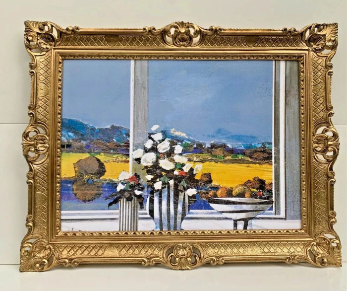 Gerahmte Gemälde Stillleben Blumen Weiß  Vase Fenster Barock Rahmen Prunk 90x70
