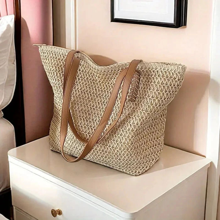 Gewebte Tragetasche Strandtasche Schultertasche mit Reißverschluss Handtasche