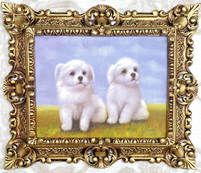 Gerahmte Gemälde Weiße Hunde Welpen 45x38cm Babyhunde Bild Tiere Kinderzimmer