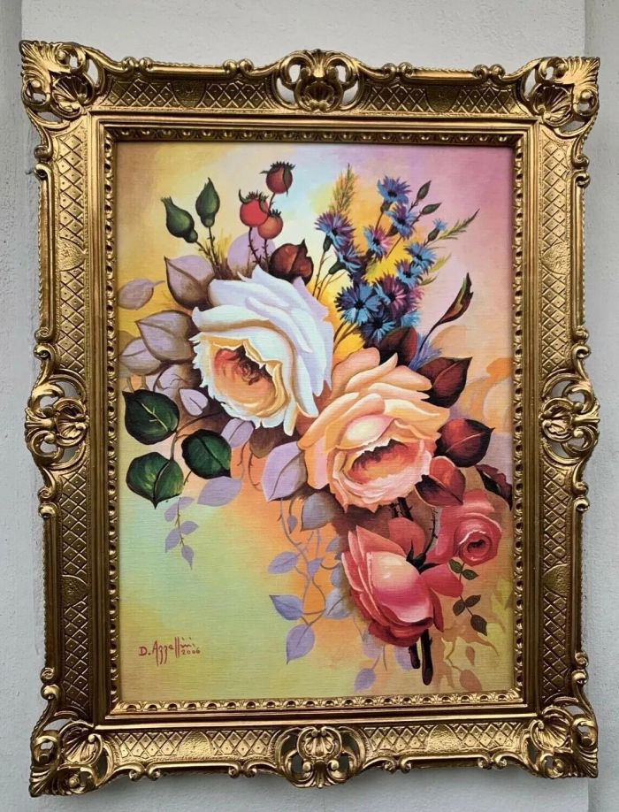 Gerahmte Gemälde Stillleben Rosen Blumen Azzelini Barock Rahmen Prunk 90x70