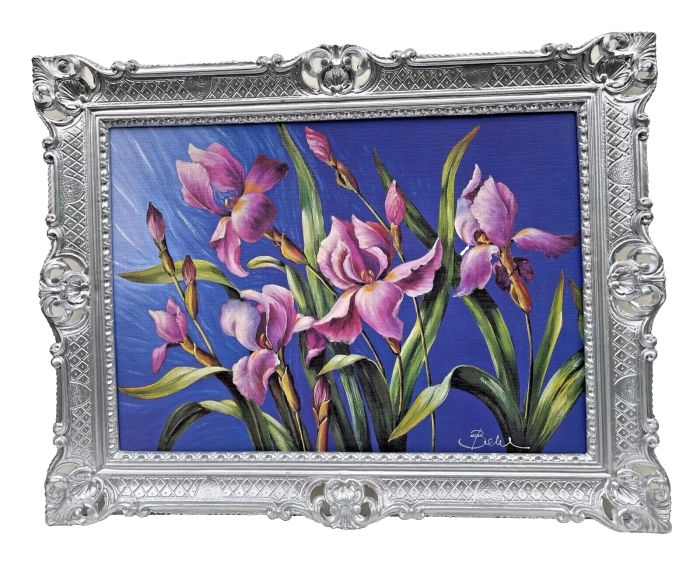 Gerahmte Gemälde Stillleben Bild mit Rahmen IRIS Blume Schwertlilie Wasserlilien