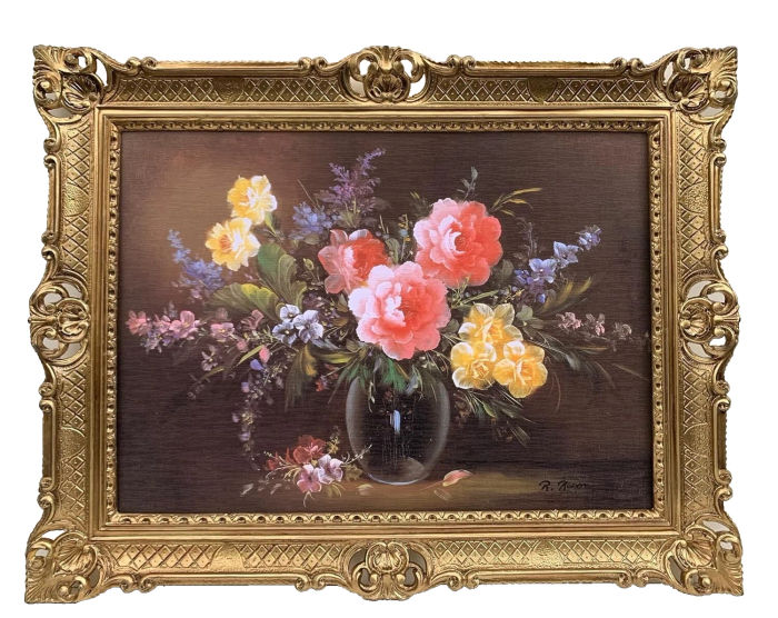 Gemälde Stillleben Blumen in Vase Schwarz Barock Rahmen Prunk 90x70 Blumenbild