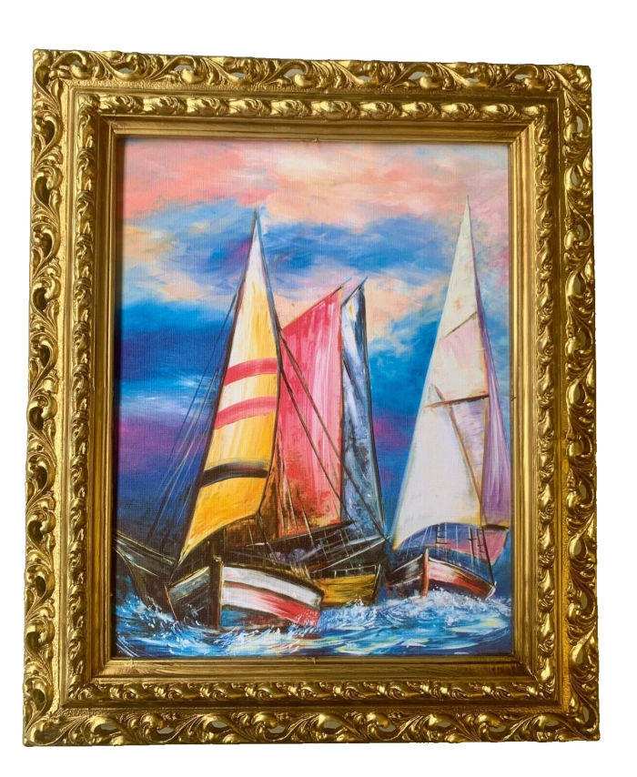 Gerahmte Gemälde Segelboot Bild Rahmen 43x36 Barockbild Segelboote in SEE