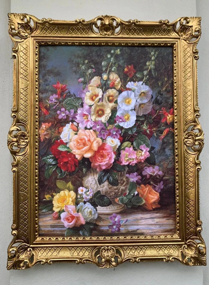 Gerahmte Gemälde Stillleben Bunte Rosen Blumen in Vase Barock Rahmen Prunk 90x70
