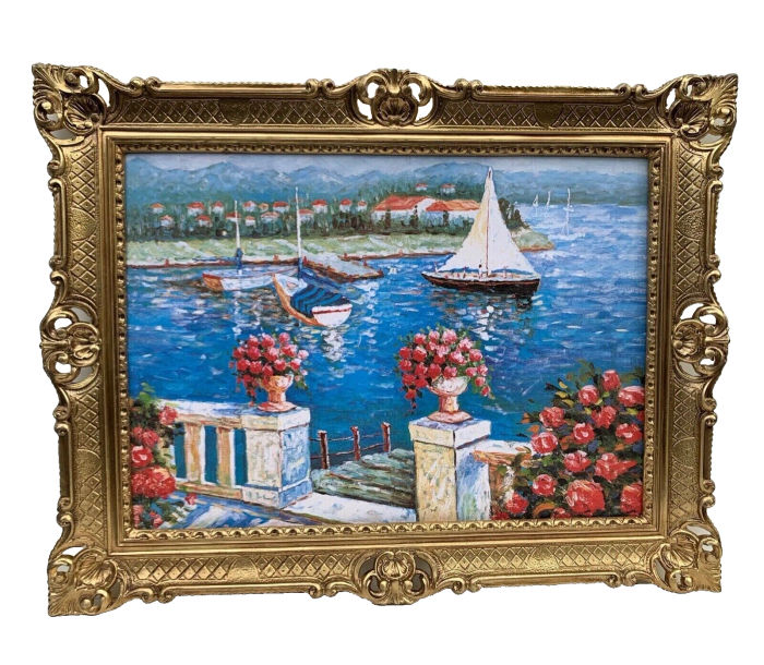 Gemälde Landschaftsbilder in Barock Rahmen Segelboot 90x70 Haus am See Blumen