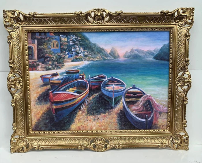 Gemälde Boote Fischerboot Landschaftsbilder Barock Rahmen Segelboot 90x70