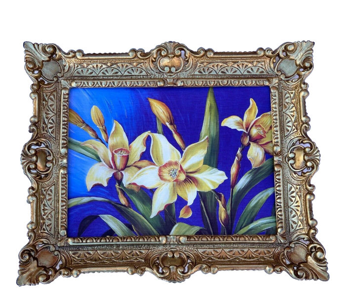 Gerahmte Gemälde Blumenbild 56x46 Gelbe Iris Blumen Schwertlilien Blumenbild