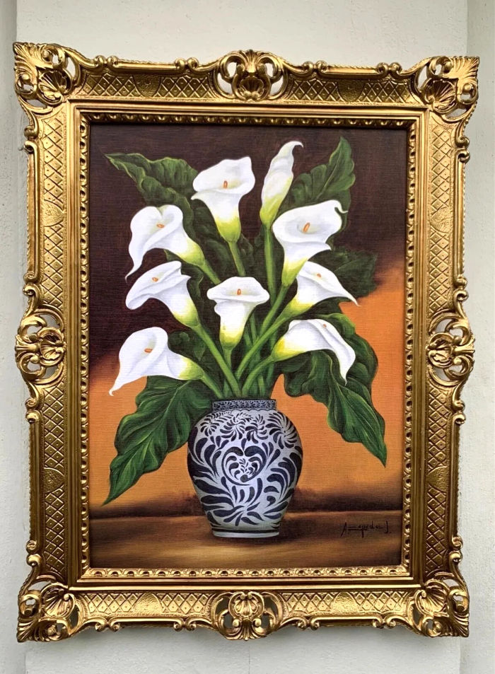 Gerahmte Gemälde Stillleben Blumenbild Calla Blumen Vase  Barock Rahmen  90x70