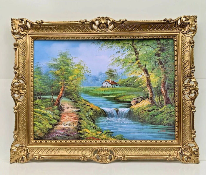 Gemälde Landschaftsbilder in Barock Rahmen Prunk 90x70 Hütte im Wald am Fluss