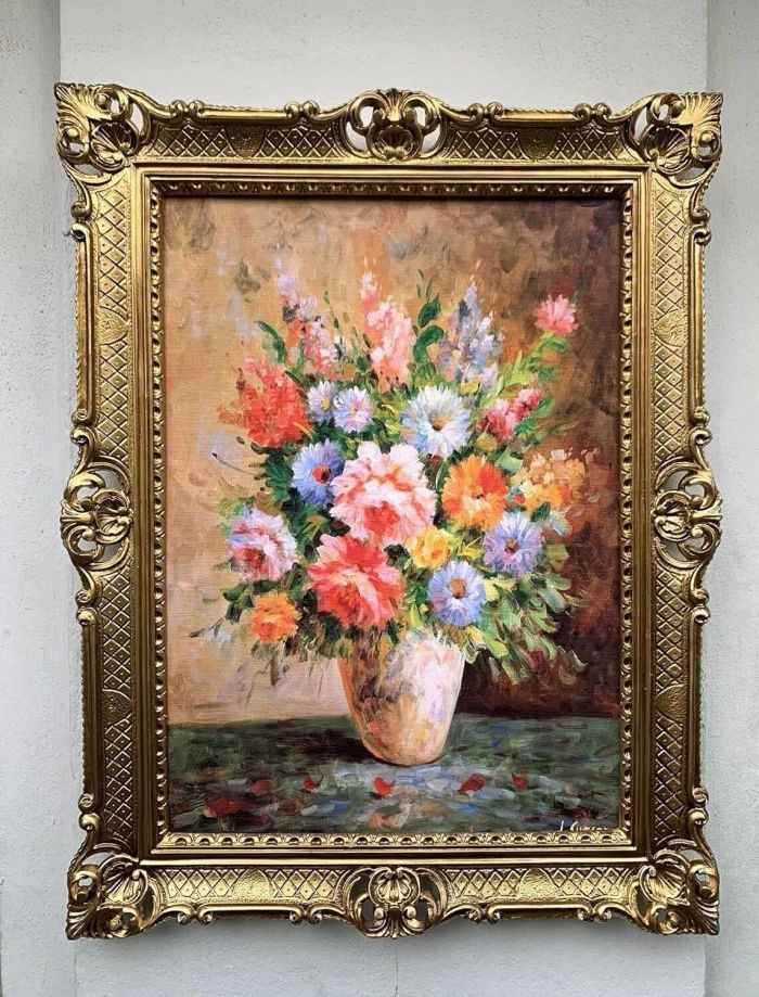 Gerahmte Kunstdruck Gemälde Stillleben Gemälde  Rosen in Vase Bunte Blumen 90x70