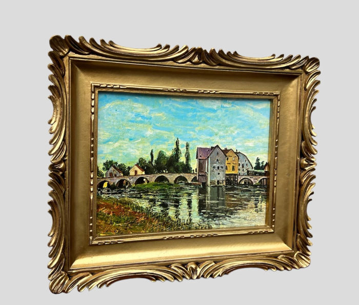 Bilderrahmen Gemälde mit Rahmen Landschaft Fluss Brücke 33x28  Italien Arno