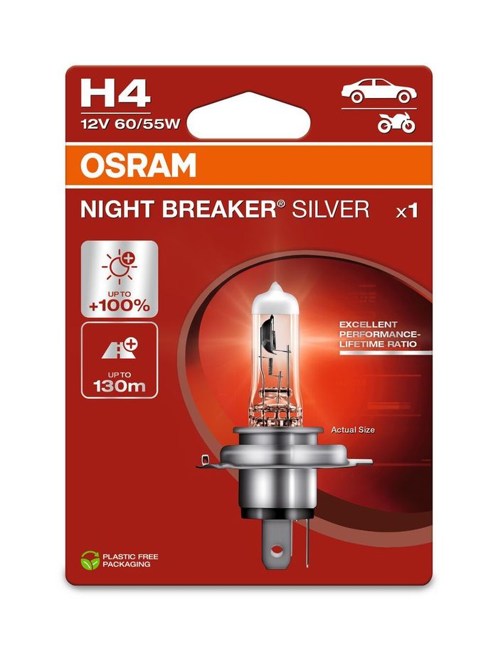 Glühbirne (Blister 1Stück) H4 12V 60/55W P43T bis zu 100% mehr Helligkeit; bi...