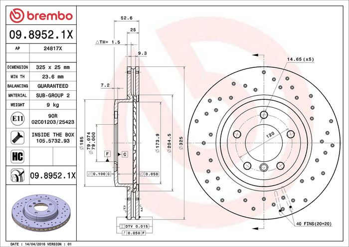 Bremsscheibe, BREMBO Xtra, 1Stück, Gelocht, vorne ; L/R, außendurchmesser 325...